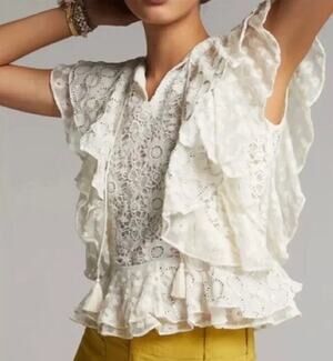 Anthropologie Verb by Pallavi Singhee Ruffled Lace Blouse Cream size XS